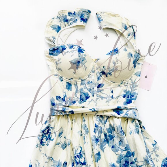 V. CHAPMAN Vera Ruffle Corset Midi Dress In Provencal Blue Floral (size 10) NWT - Picture 5 of 14